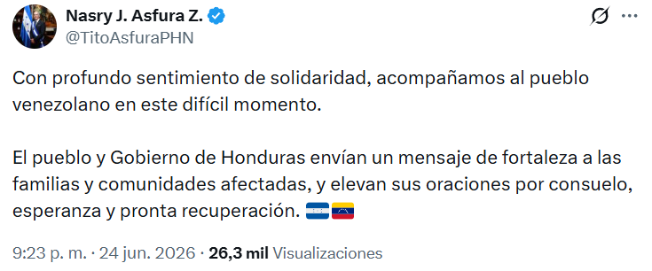 Captura de pantalla de la publicación de Nasry Asfura expresando su solidaridad con Venezuela