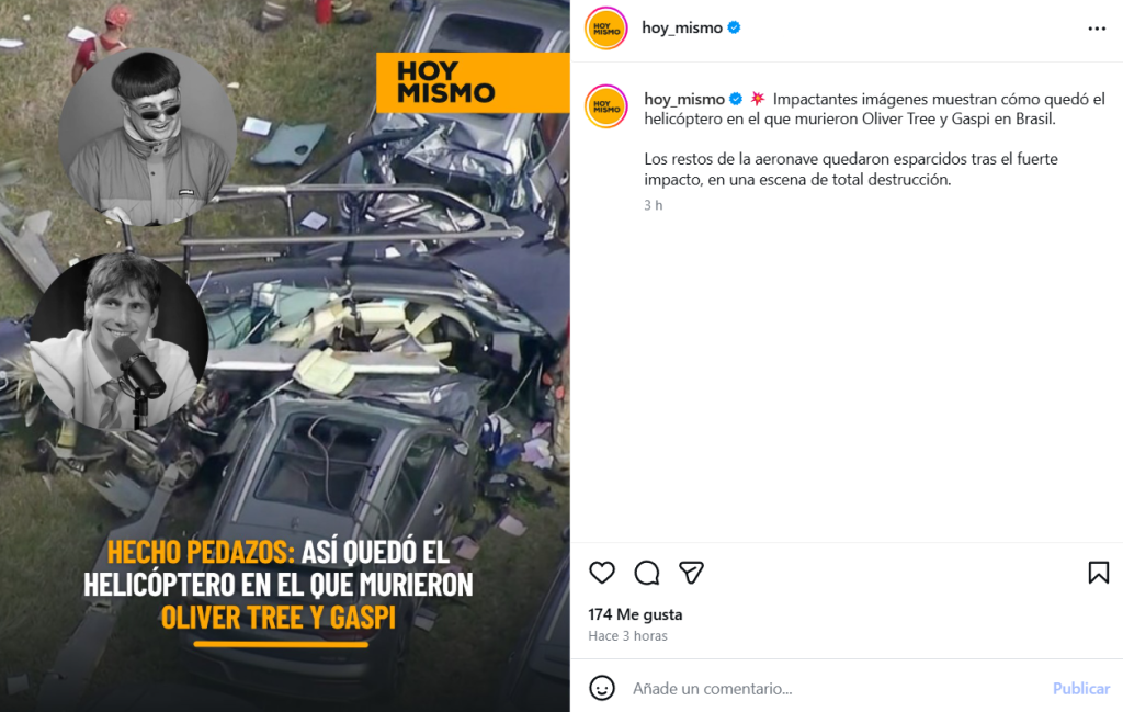 Captura de pantalla de una publicación que muestra cómo quedó el helicóptero tras accidente que dejó la muerte de Oliver Tree y Gaspi