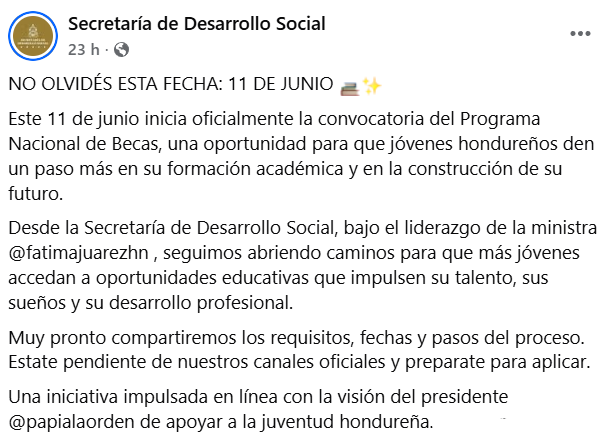 Captura de la publicación sobre la convocatoria del Programa Nacional de Becas de Sedesol
