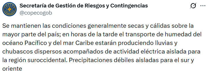 Captura de pantalla de una publicación sobre el clima en Honduras