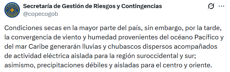 Captura de pantalla de una publicación sobre el pronóstico del clima en Honduras