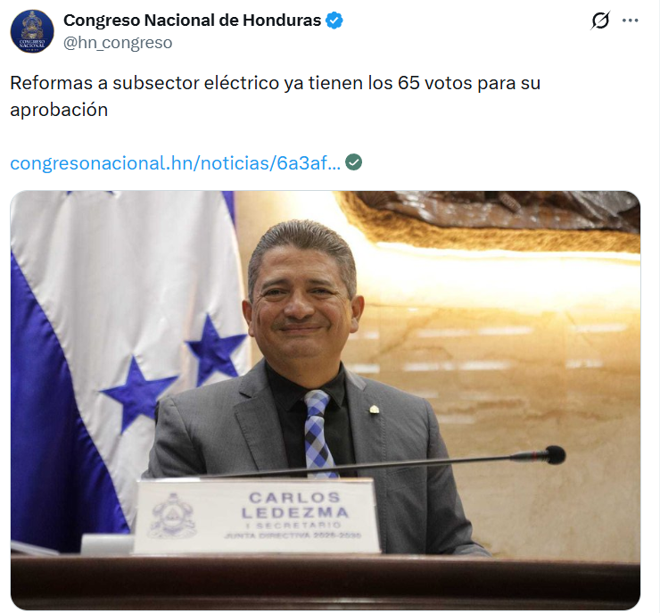 Captura de pantalla de una publicación del Congreso Nacional