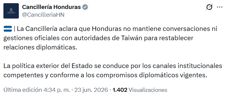 Captura de pantalla de la publicación de la Cancillería sobre las relaciones diplomáticas entre Honduras y Taiwán
