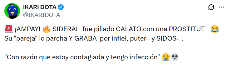 Captura de pantalla de publicación de Ikari Dota sobre el video filtrado de Sideral y Wendy La Rosada, el cual se volvió viral en Twitter y Telegram