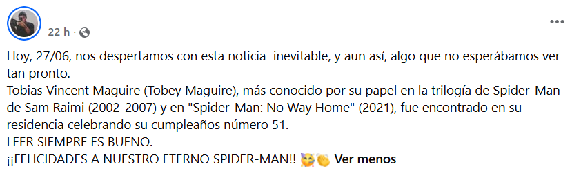 Captura de pantalla de la publicación por la cual se hizo viral la supuesta muerte de Tobey Maguirre, actor de Spiderman