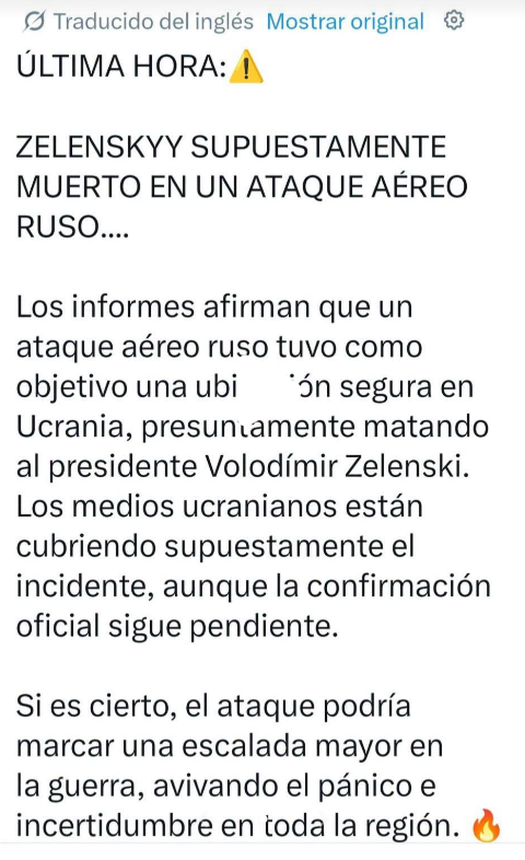 Captura de pantalla de una publicación en la que se lee que Volodímir Zelensky fue eliminado en un ataque aéreo ruso hoy en 2026, aunque no es verdad que el presidente de Ucrania murió