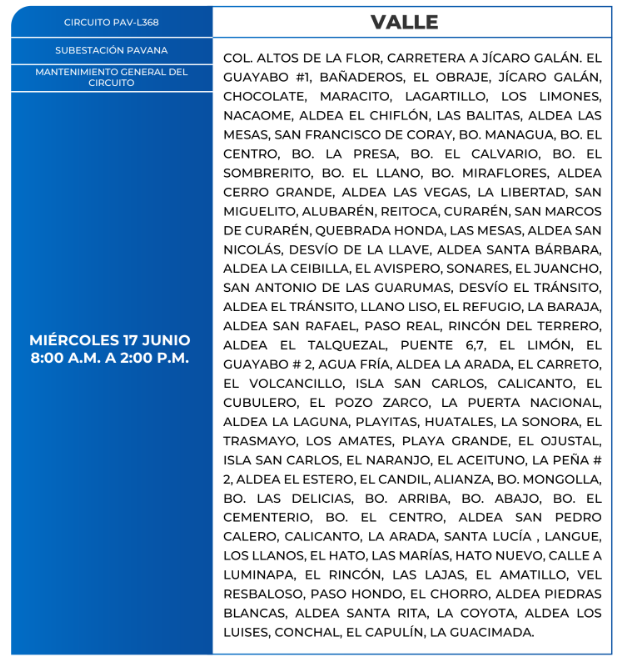 Lista de colonias que no tendrán luz este miércoles debido a cortes de energía eléctrica programados por la ENEE