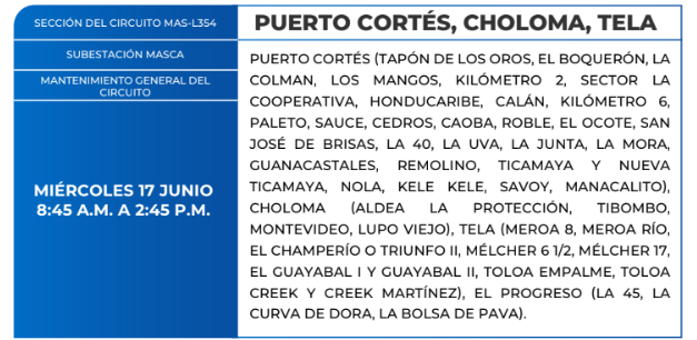 Lista de colonias que no tendrán luz este miércoles debido a cortes de energía eléctrica programados por la ENEE