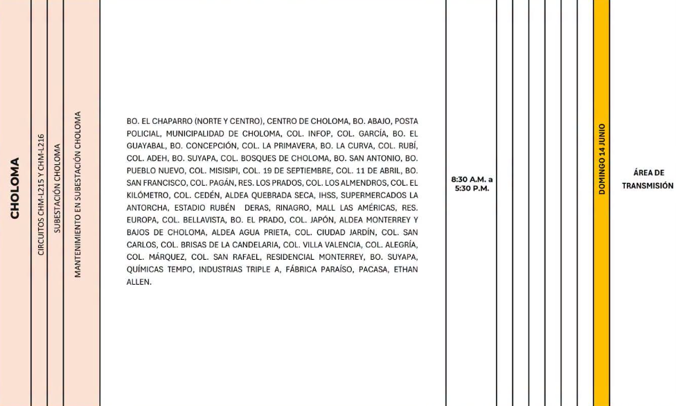 Lista de colonias que no tendrán luz este domingo debido a cortes de energía eléctrica programados por la ENEE