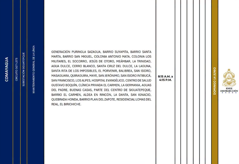 Lista de colonias que no tendrán luz este domingo debido a cortes de energía eléctrica programados por la ENEE
