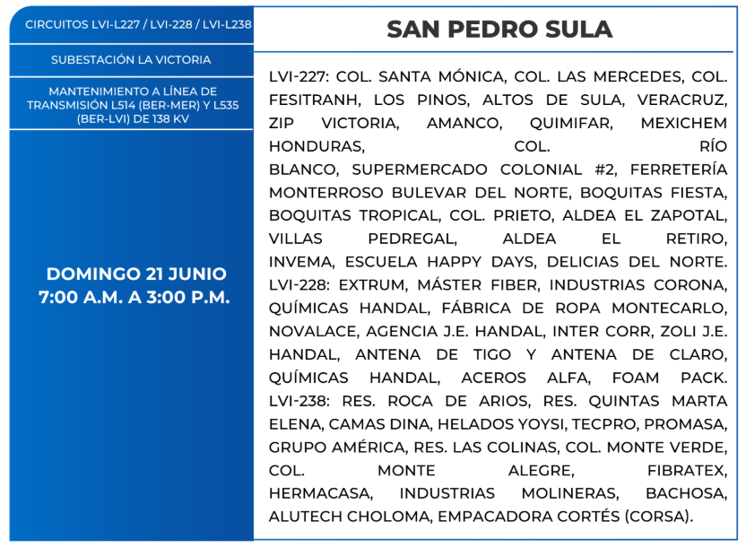 Lista de colonias que no tendrán luz este domingo debido a cortes de energía eléctrica programados por la ENEE