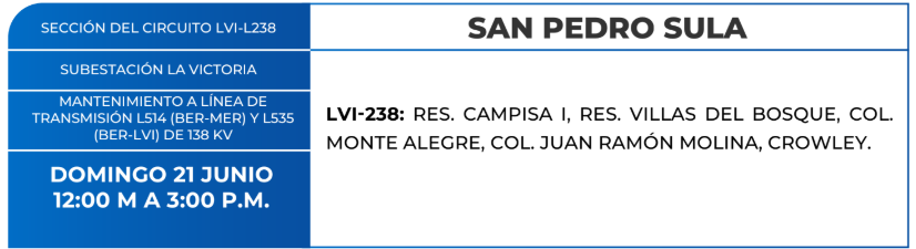 Lista de colonias que no tendrán luz este domingo debido a cortes de energía eléctrica programados por la ENEE