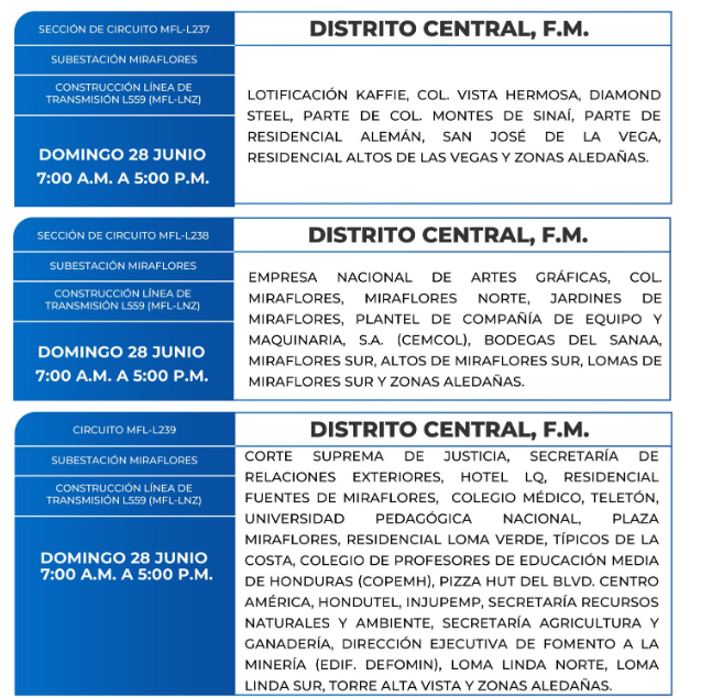 Lista de colonias que no tendrán luz este domingo debido a cortes de energía eléctrica programados por la ENEE