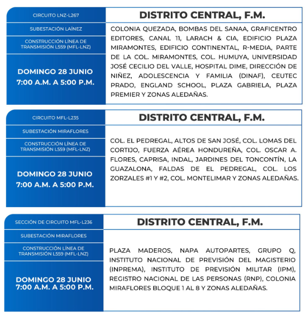 Lista de colonias que no tendrán luz este domingo debido a cortes de energía eléctrica programados por la ENEE