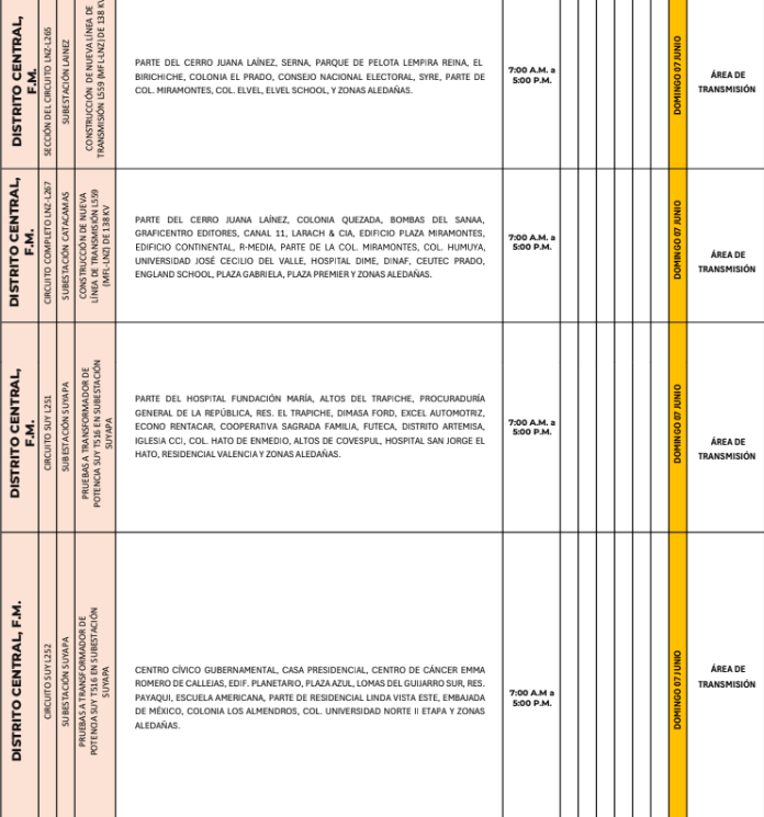 Lista de colonias que no tendrán luz este domingo debido a cortes de energía eléctrica programados por la ENEE