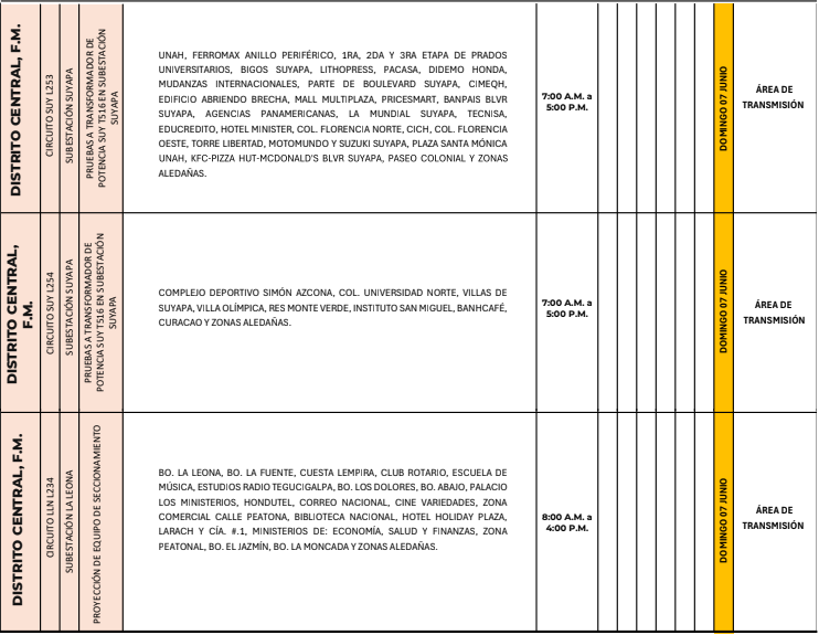 Lista de colonias que no tendrán luz este domingo debido a cortes de energía eléctrica programados por la ENEE