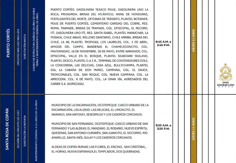 Lista de colonias que no tendrán luz este jueves debido a cortes de energía eléctrica programados por la ENEE