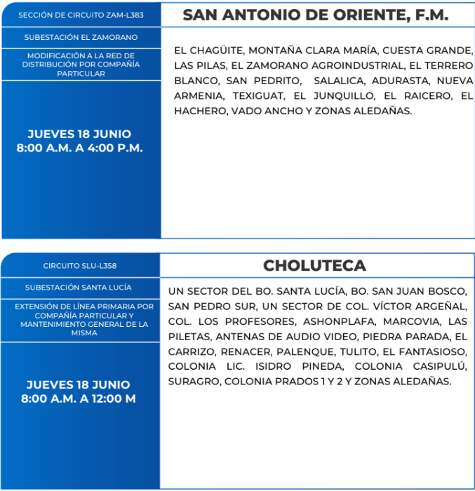 Lista de colonias que no tendrán luz este jueves debido a cortes de energía eléctrica programados por la ENEE