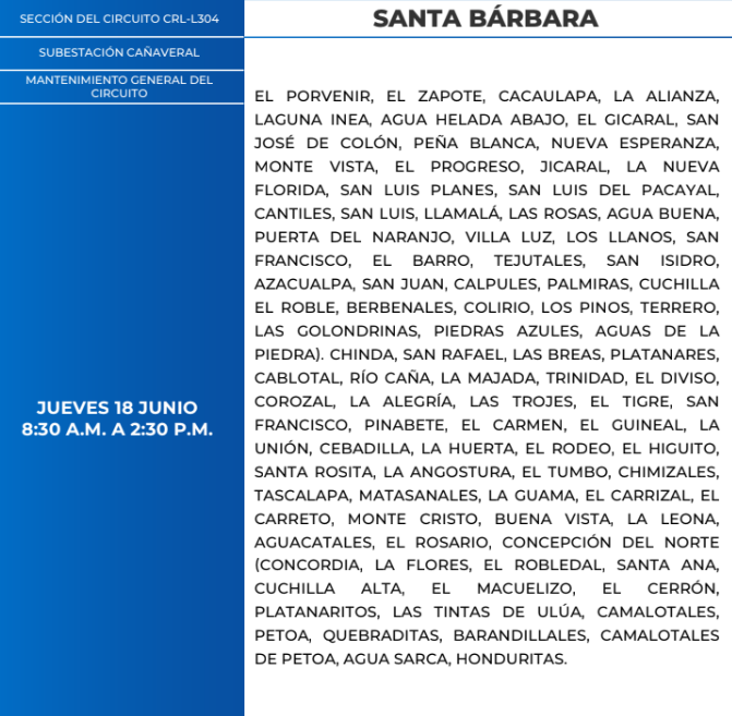 Lista de colonias que no tendrán luz este jueves debido a cortes de energía eléctrica programados por la ENEE