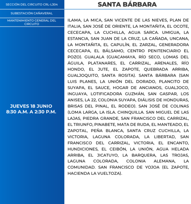 Lista de colonias que no tendrán luz este jueves debido a cortes de energía eléctrica programados por la ENEE