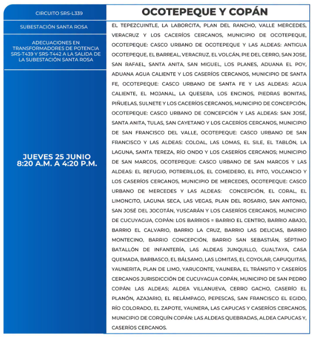 Lista de colonias que no tendrán luz este jueves debido a cortes de energía eléctrica programados por la ENEE
