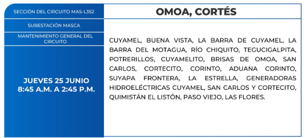 Lista de colonias que no tendrán luz este jueves debido a cortes de energía eléctrica programados por la ENEE