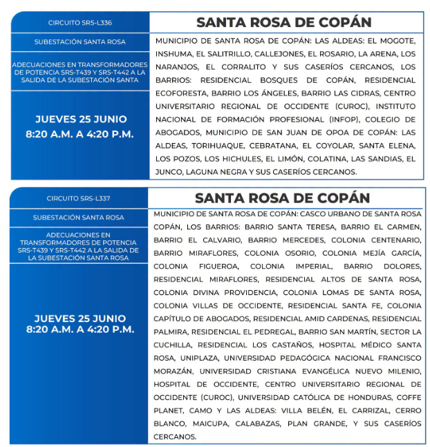 Lista de colonias que no tendrán luz este jueves debido a cortes de energía eléctrica programados por la ENEE