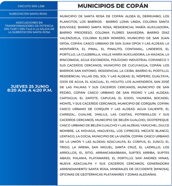 Lista de colonias que no tendrán luz este jueves debido a cortes de energía eléctrica programados por la ENEE