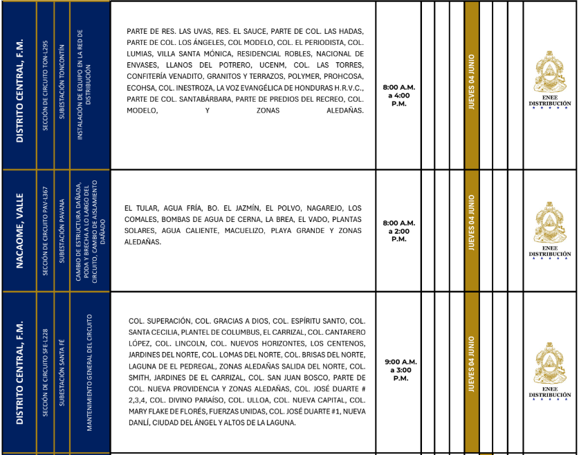 Lista de colonias que no tendrán luz este jueves debido a cortes de energía eléctrica programados por la ENEE