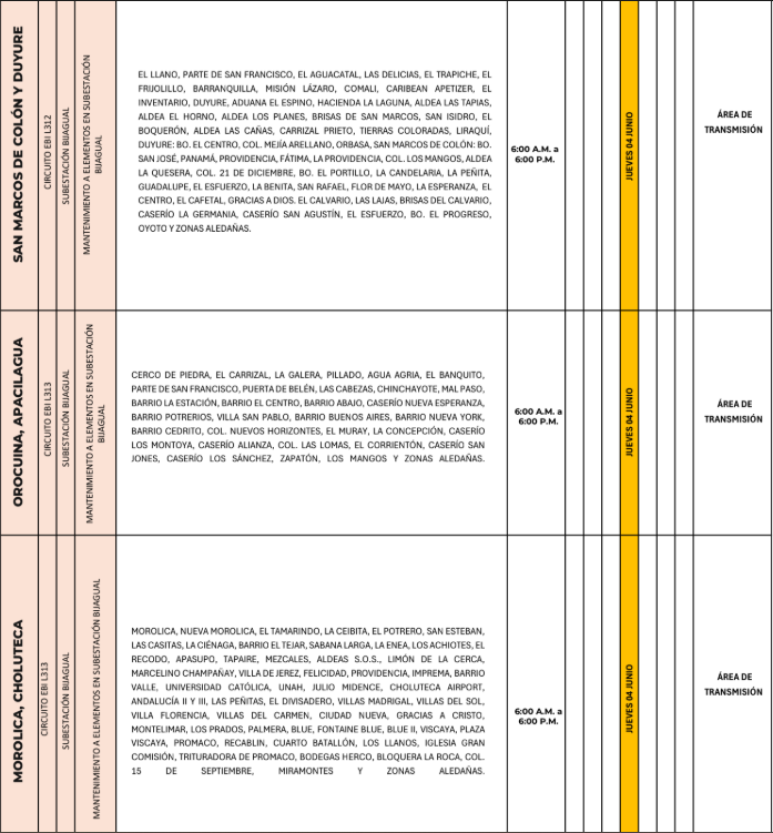 Lista de colonias que no tendrán luz este jueves debido a cortes de energía eléctrica programados por la ENEE