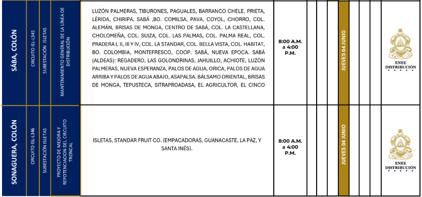 Lista de colonias que no tendrán luz este jueves debido a cortes de energía eléctrica programados por la ENEE