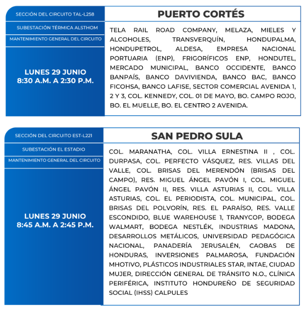 Lista de colonias que no tendrán luz este lunes debido a cortes de energía eléctrica programados por la ENEE
