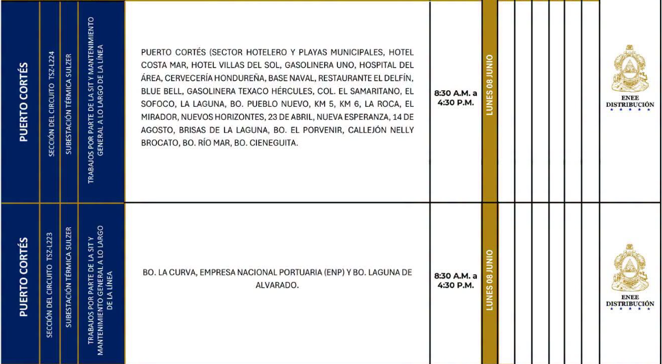 Lista de colonias que no tendrán luz este lunes debido a cortes de energía eléctrica programados por la ENEE