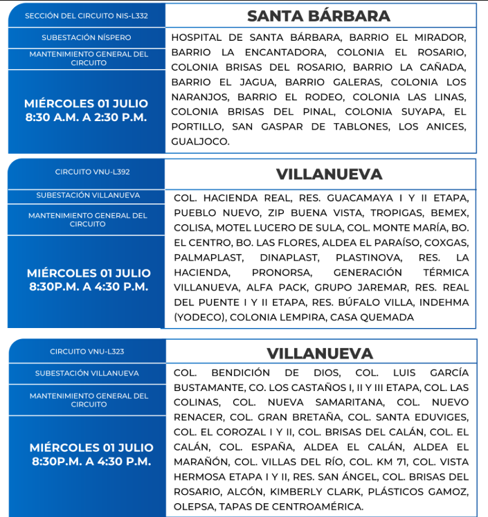 Lista de colonias que no tendrán luz este miércoles debido a cortes de energía eléctrica programados por la ENEE