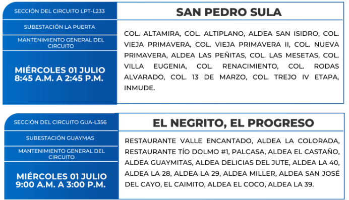 Lista de colonias que no tendrán luz este miércoles debido a cortes de energía eléctrica programados por la ENEE