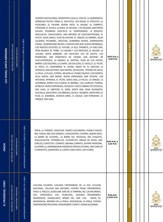 Lista de colonias que no tendrán luz este miércoles debido a cortes de energía eléctrica programados por la ENEE
