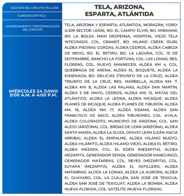 Lista de colonias que no tendrán luz este miércoles debido a cortes de energía eléctrica programados por la ENEE