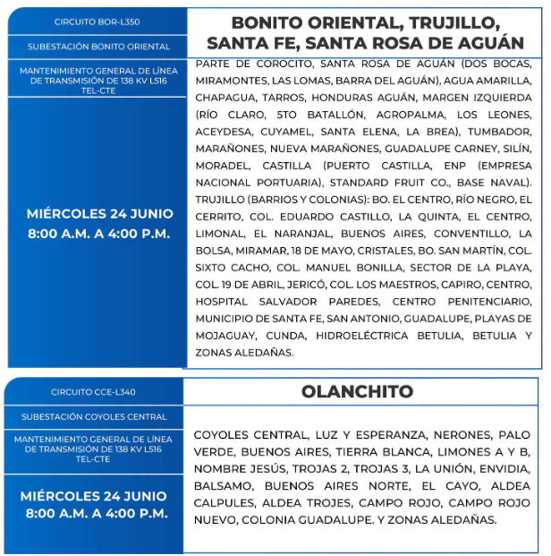 Lista de colonias que no tendrán luz este miércoles debido a cortes de energía eléctrica programados por la ENEE