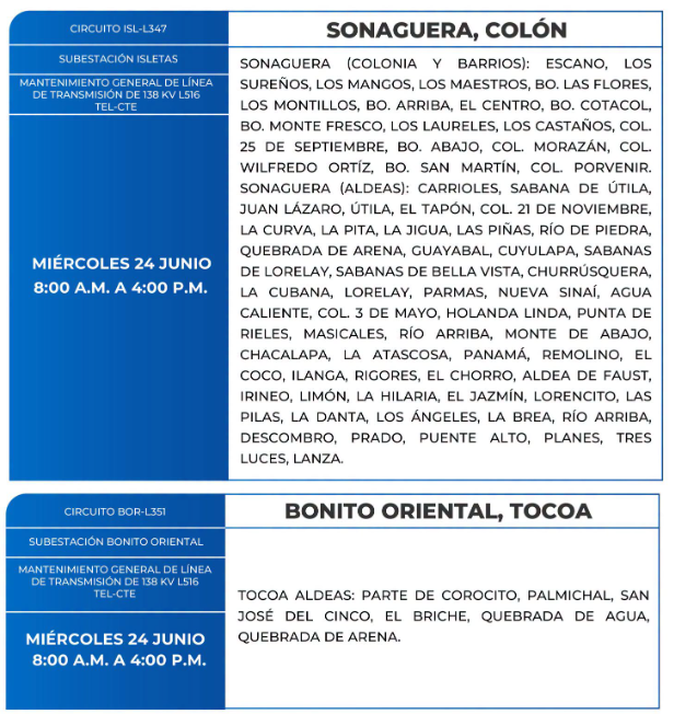 Lista de colonias que no tendrán luz este miércoles debido a cortes de energía eléctrica programados por la ENEE