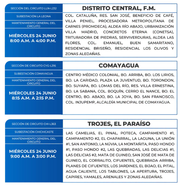 Lista de colonias que no tendrán luz este miércoles debido a cortes de energía eléctrica programados por la ENEE