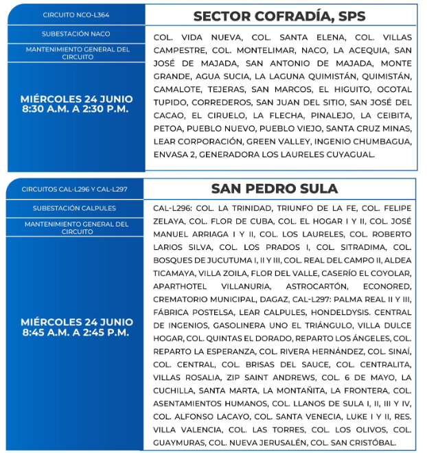 Lista de colonias que no tendrán luz este miércoles debido a cortes de energía eléctrica programados por la ENEE