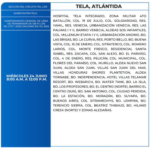 Lista de colonias que no tendrán luz este miércoles debido a cortes de energía eléctrica programados por la ENEE