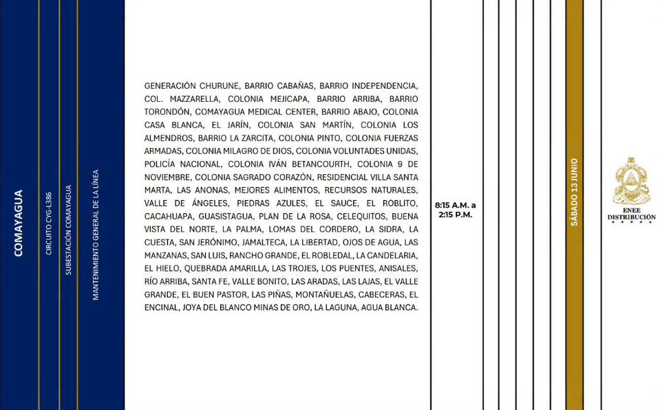Lista de colonias que no tendrán luz este sábado debido a cortes de energía eléctrica programados por la ENEE