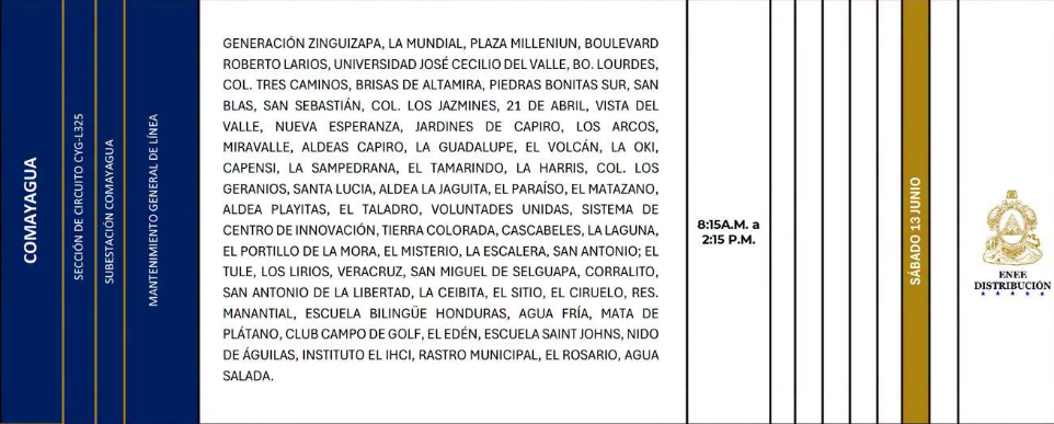 Lista de colonias que no tendrán luz este sábado debido a cortes de energía eléctrica programados por la ENEE