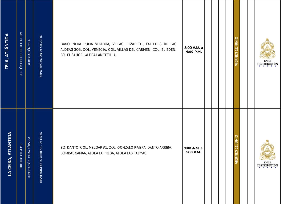 Lista de colonias que no tendrán luz este viernes debido a cortes de energía eléctrica programados por la ENEE