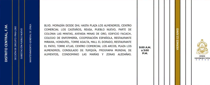 Lista de colonias que no tendrán luz este viernes debido a cortes de energía eléctrica programados por la ENEE