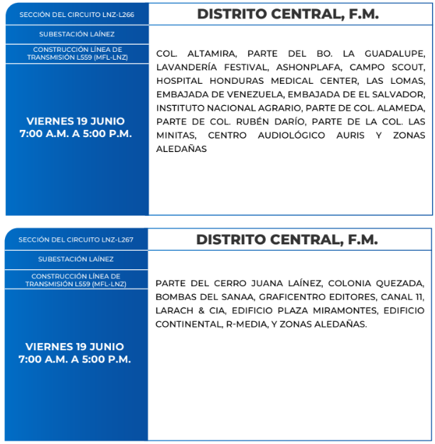 Lista de colonias que no tendrán luz este viernes debido a cortes de energía eléctrica programados por la ENEE