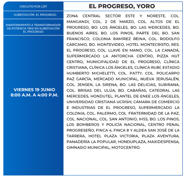 Lista de colonias que no tendrán luz este viernes debido a cortes de energía eléctrica programados por la ENEE