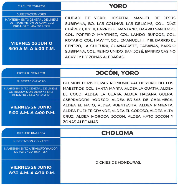 Lista de colonias que no tendrán luz este viernes debido a cortes de energía eléctrica programados por la ENEE