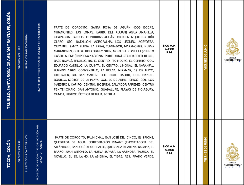 Lista de colonias que no tendrán luz este viernes debido a cortes de energía eléctrica programados por la ENEE